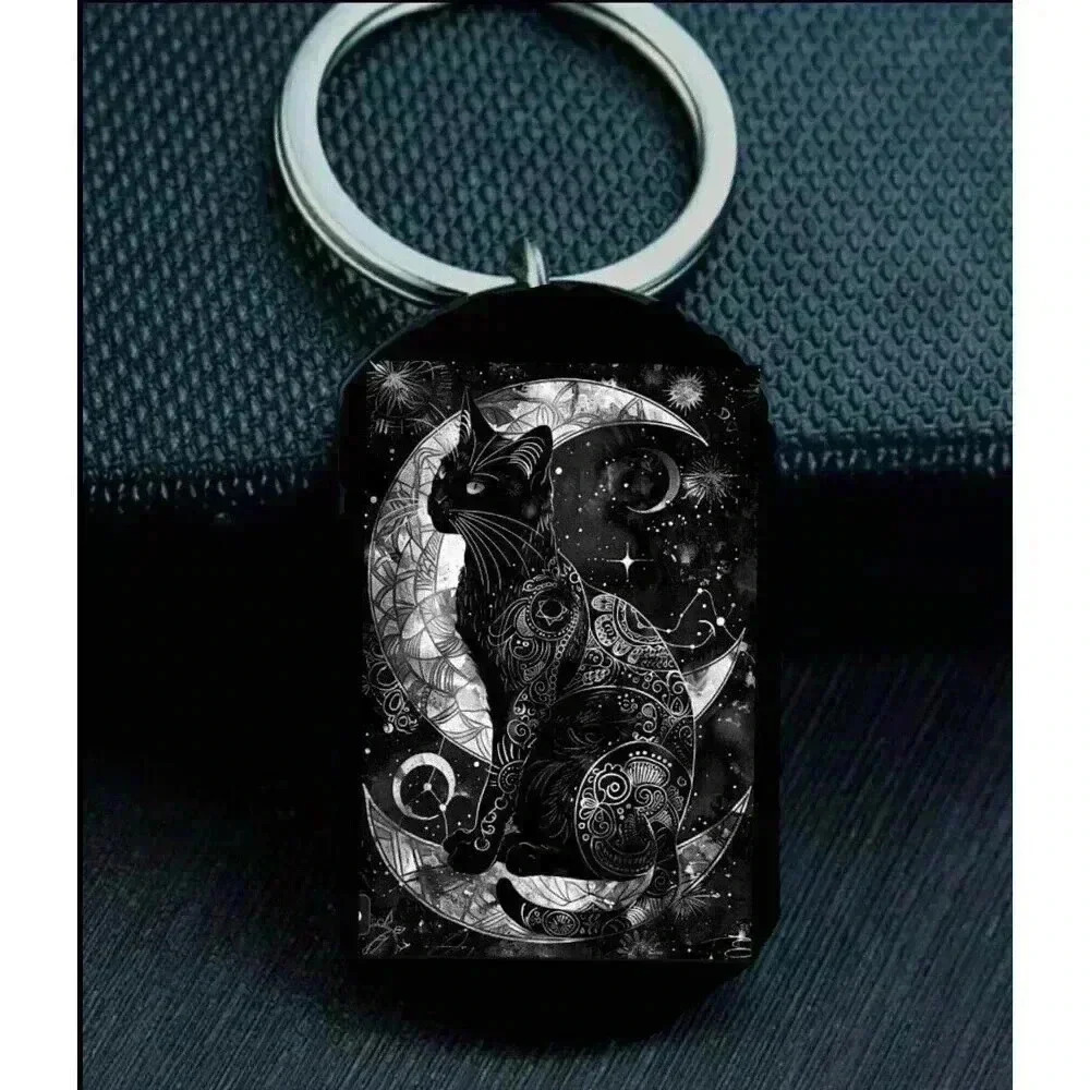 Black Kitty Cat Moon Hot Art Design Cute Keychain